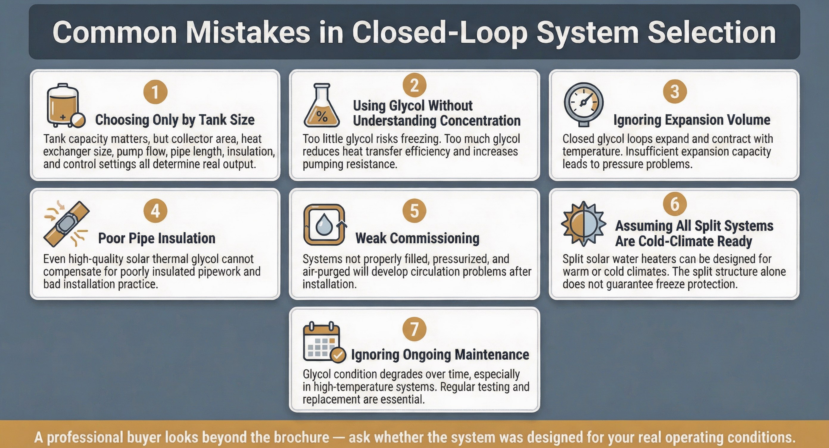 Common mistakes in closed loop solar water heater selection including tank size, glycol concentration, expansion volume, pipe insulation, commissioning and maintenance